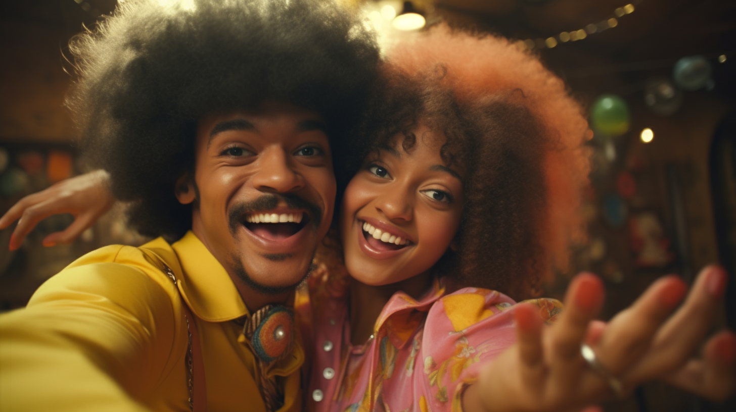 Happy afro couple dancing in 1970s Hippy Retro style