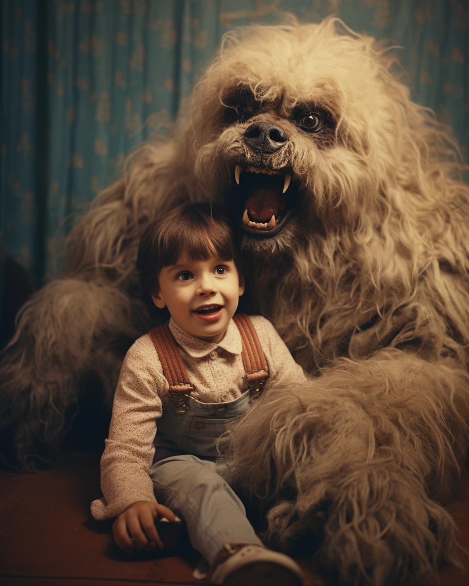 Grotesque child with monster pet in vintage photo