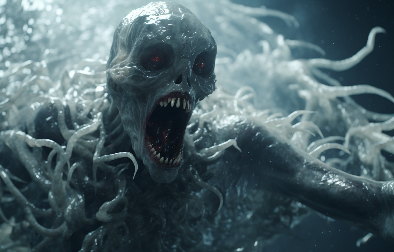 Detailed grotesque hybrid demon swimming in clear ocean