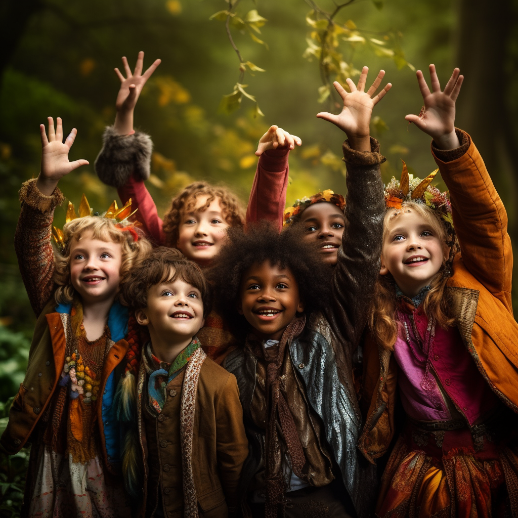 Children in colorful costumes raising hands