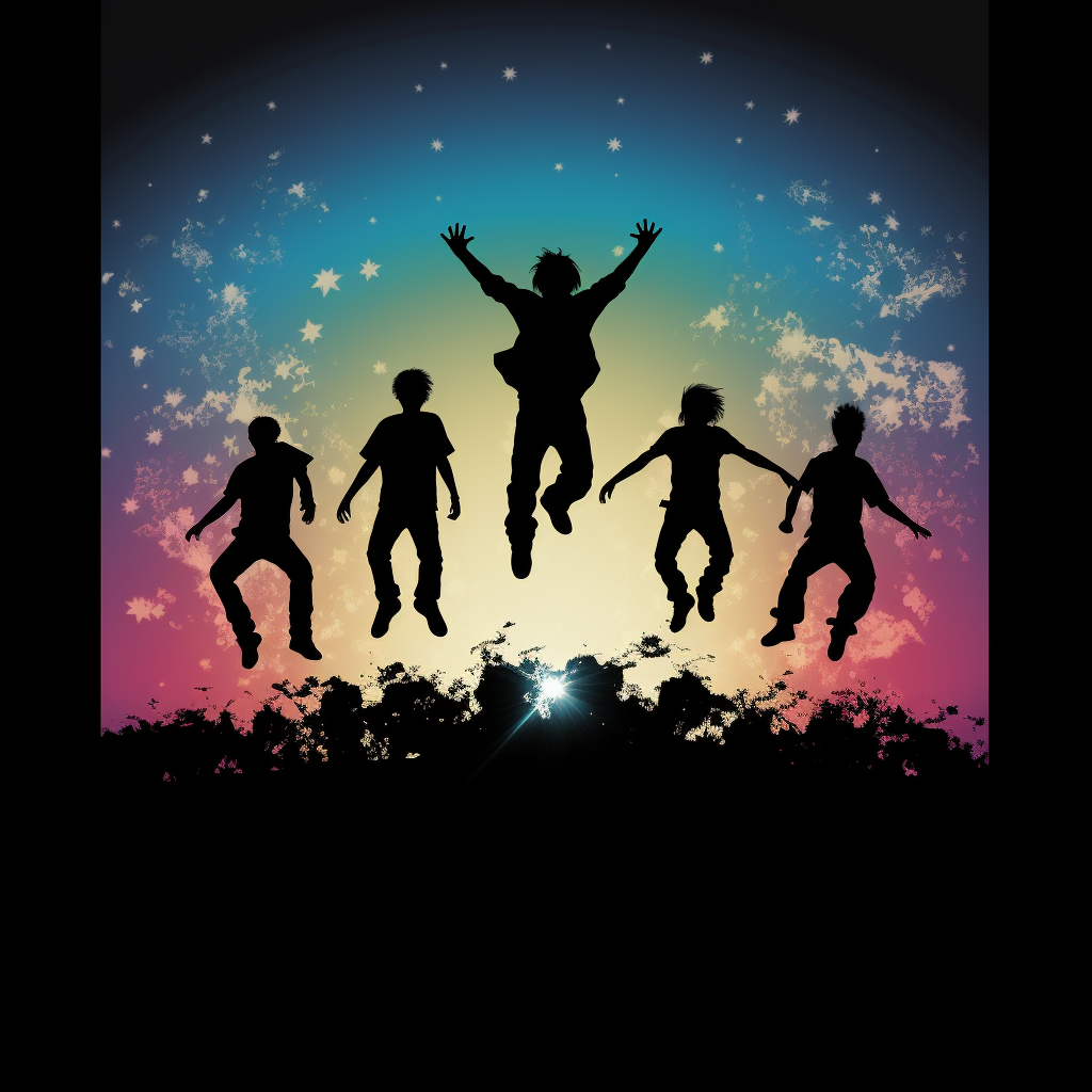 Group of idols jumping in silhouette