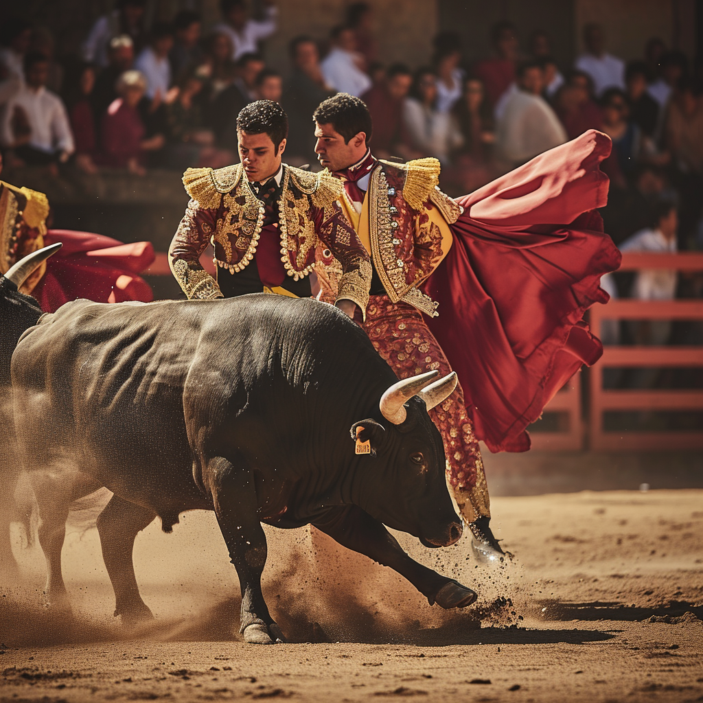 Matadors battling fierce bull in ring