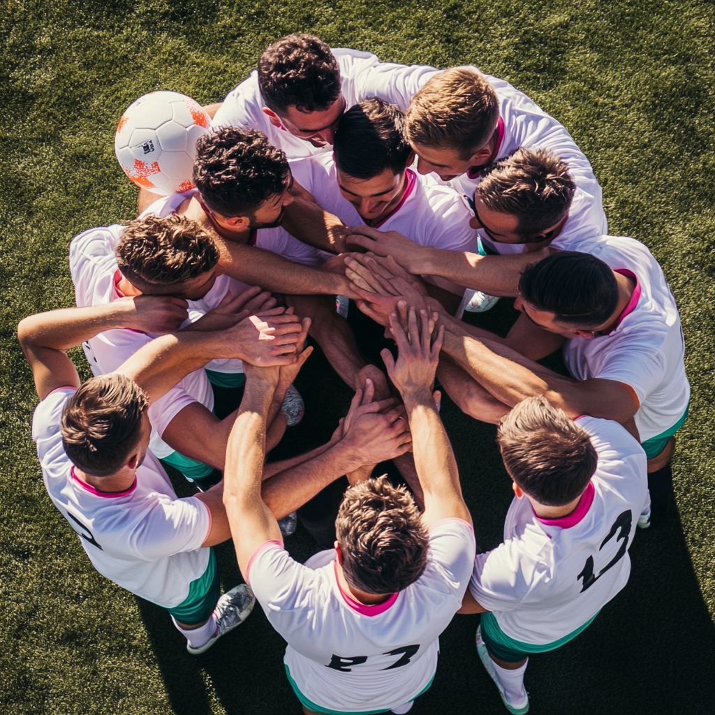 group of male athletes in white and fuchsia shirts