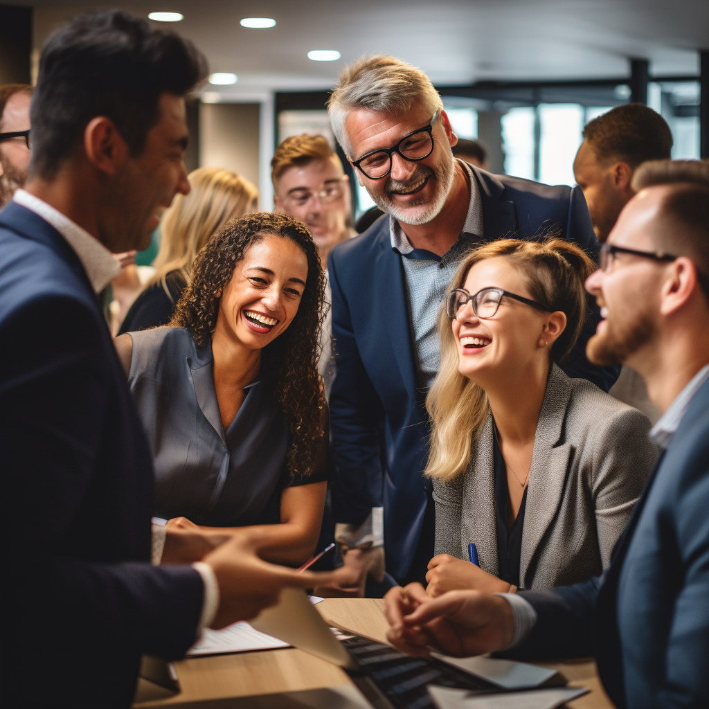 Photorealistic image of a group of people networking in an office meeting