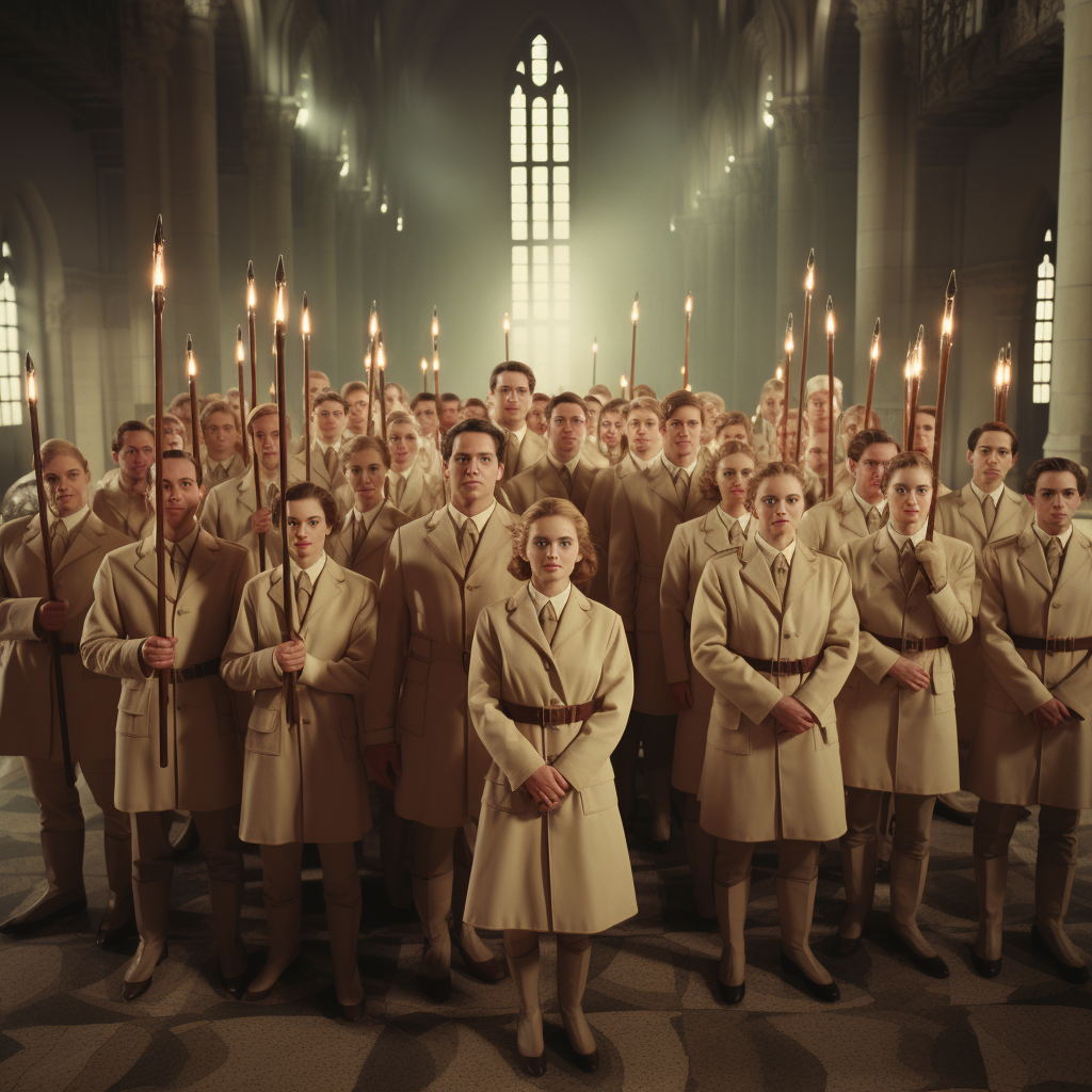 Group of people in beige uniform with magic wands