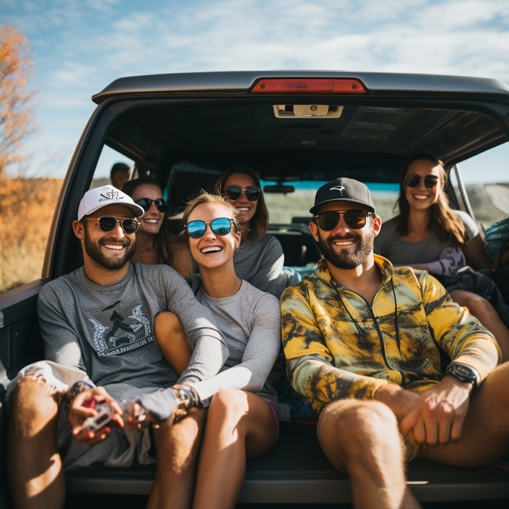 Runners sitting on tailgate of truck at trailhead