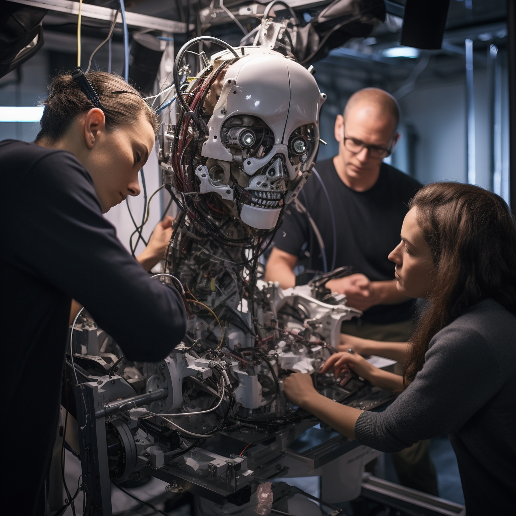 Group of scientists working on beautiful humanoid robot