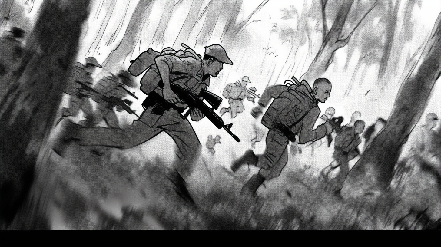 Soldiers running through forest at evening