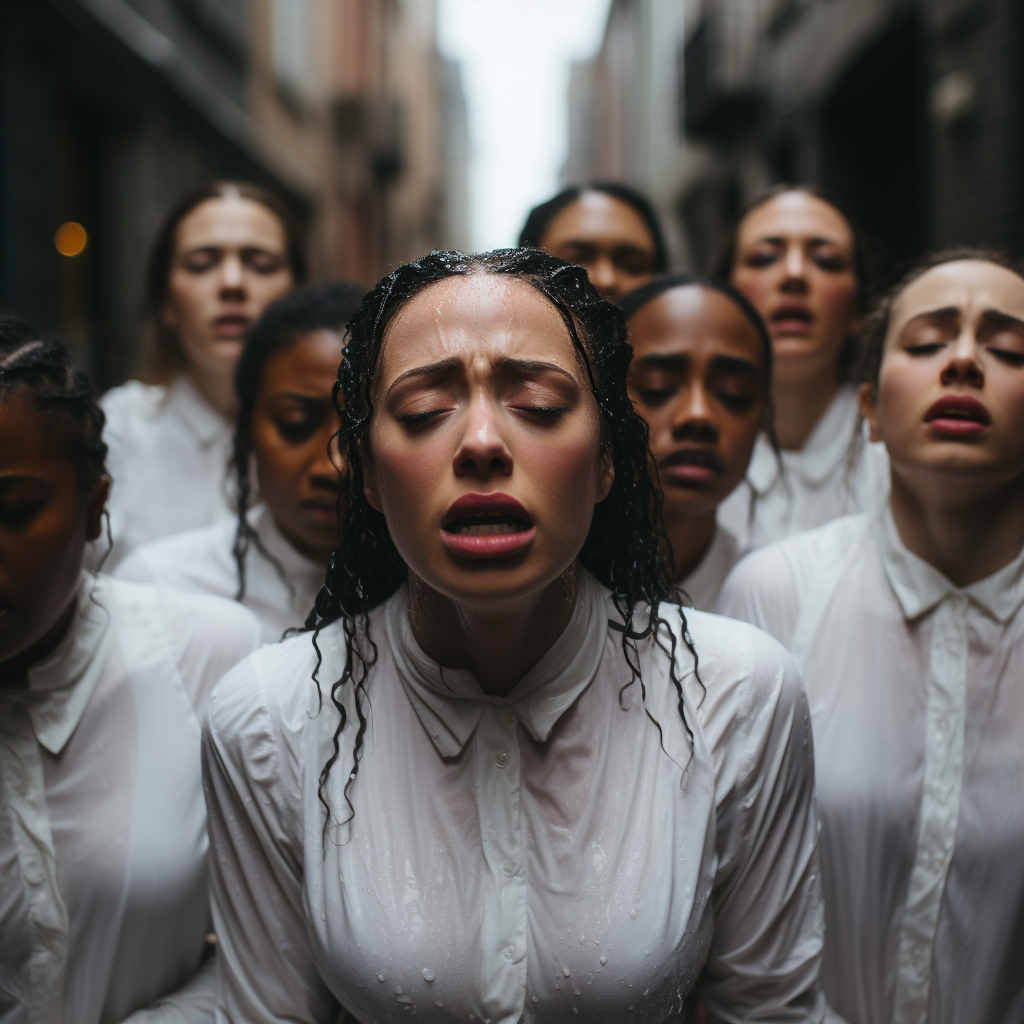 women crying in white while walking