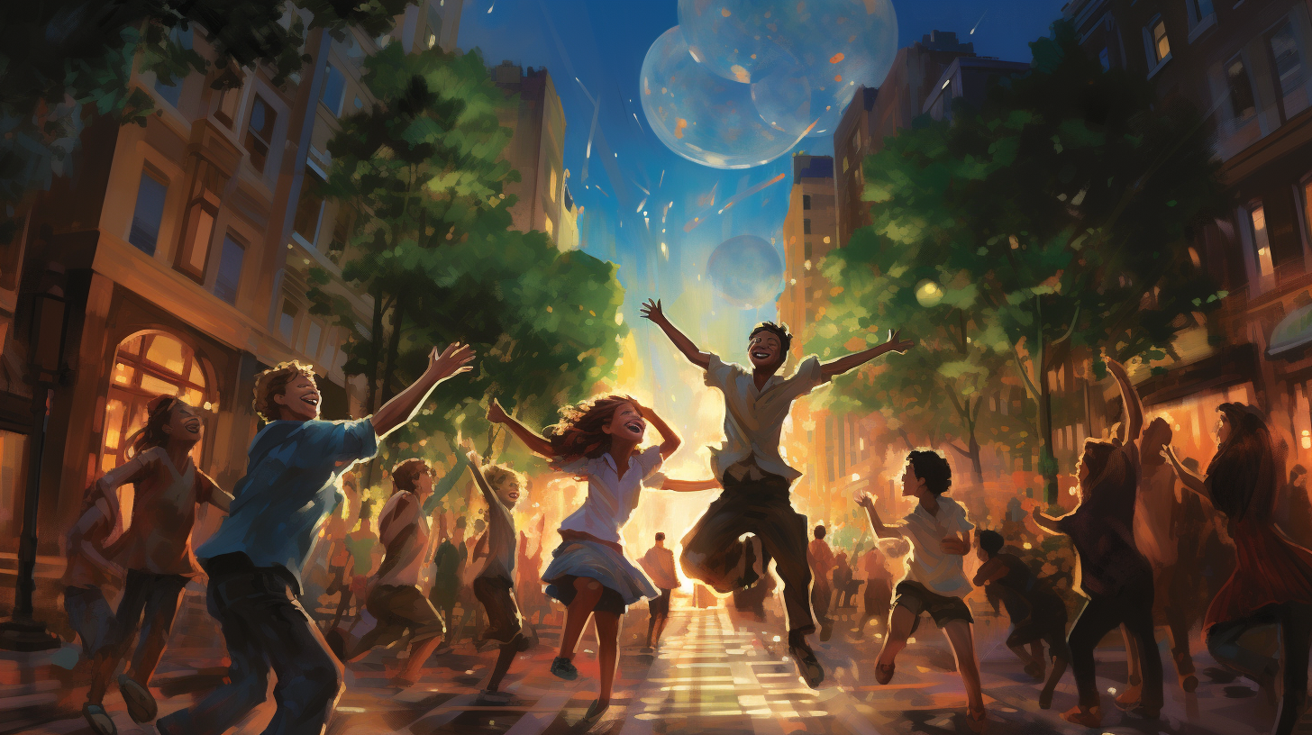 Joyful group dancing in transformed cityscape