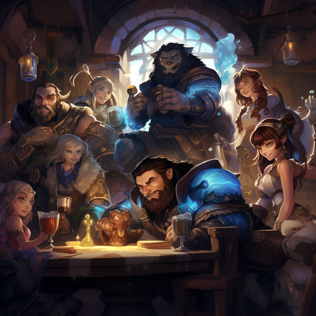 Diverse group of fantasy characters in a tavern