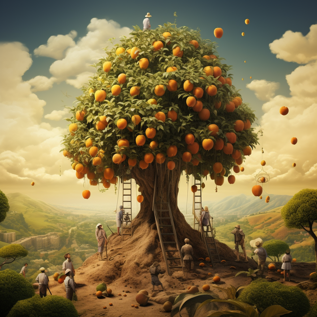 People enjoying delicious fruits under a surreal tree