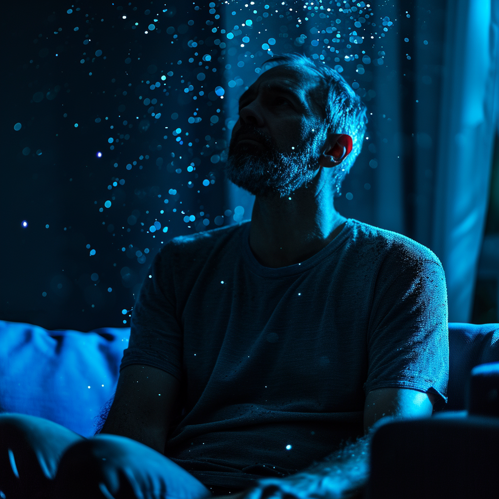 Pensive man on a blue particle-filled couch