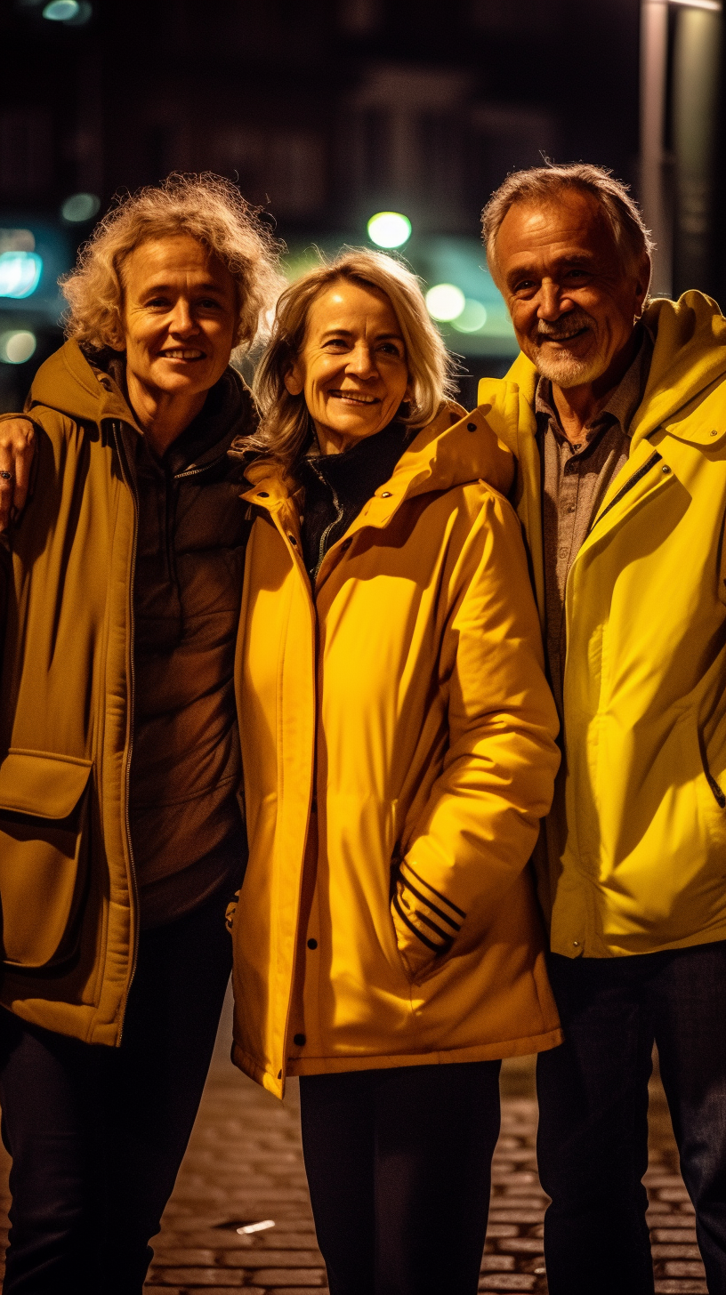 Friends in Yellow Reflection Jackets Smiling