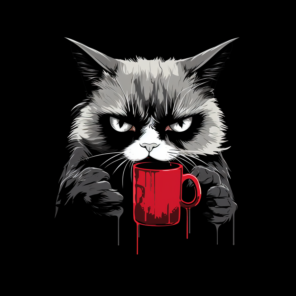 Grumpy cat holding a coffee cup