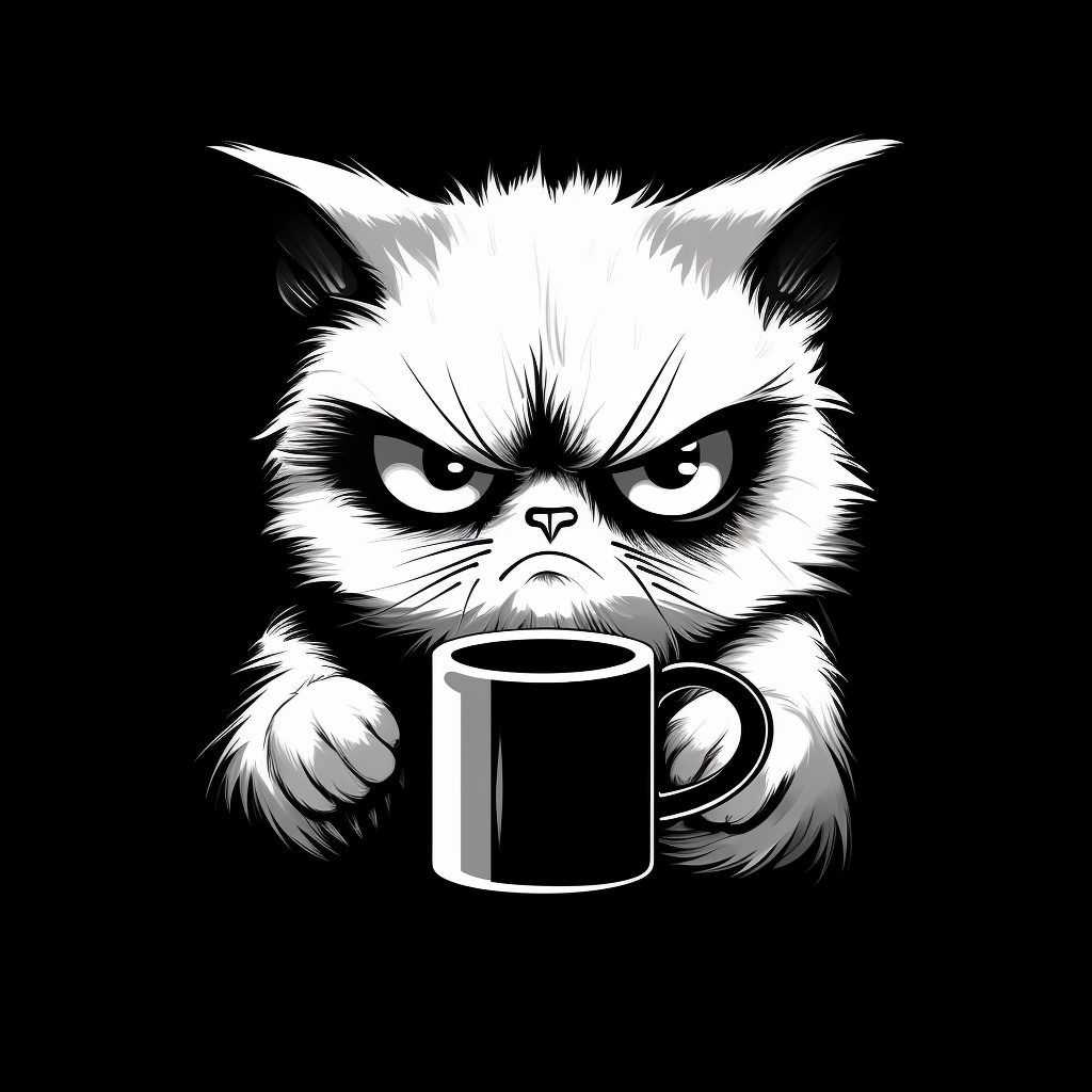 Minimalist grumpy cat drinking coffee tiredly