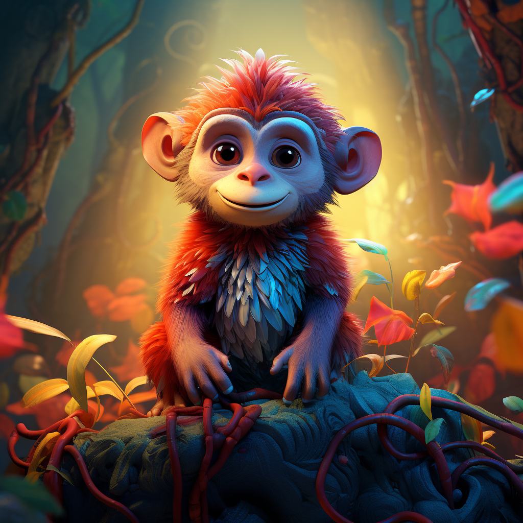 Grumpy monkey in colorful jungle