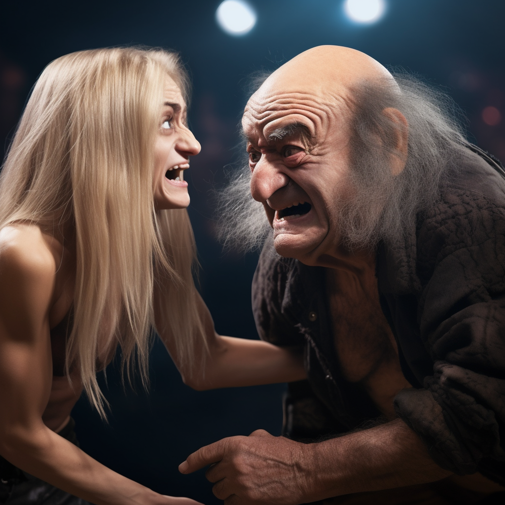 Old man wrestling blonde girl