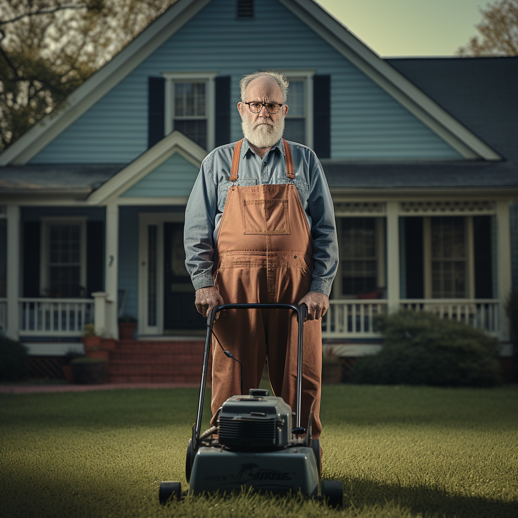 Grumpy old man with lawn mower