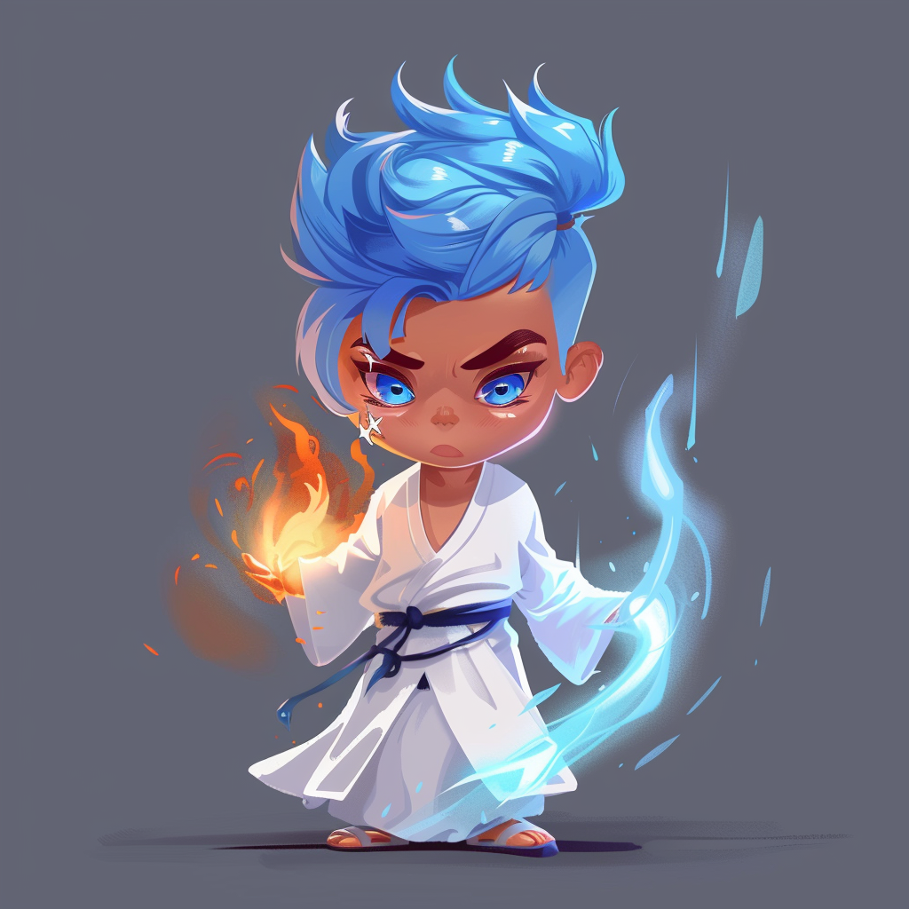 Grumpy blue fire mage in white robes