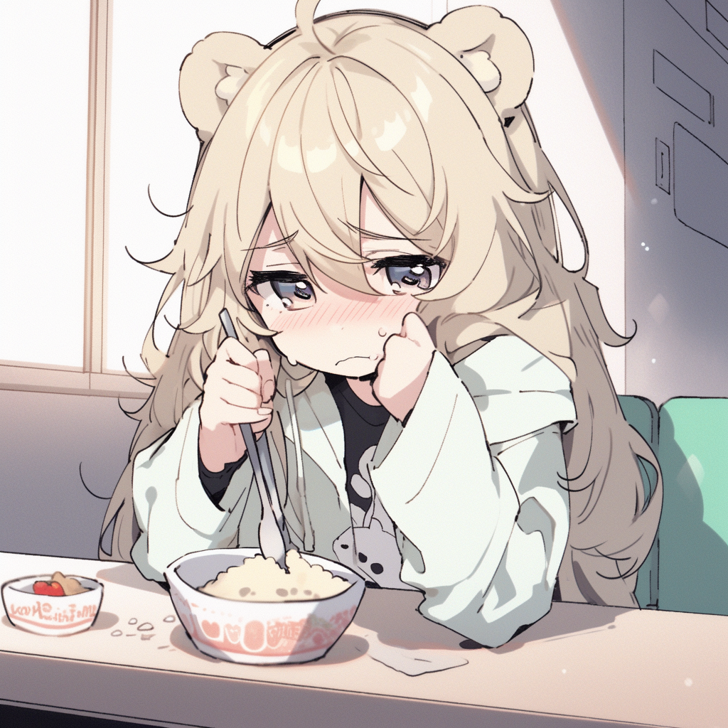 Anthropomorphic blond koala girl sitting behind a table refusing to eat cereals