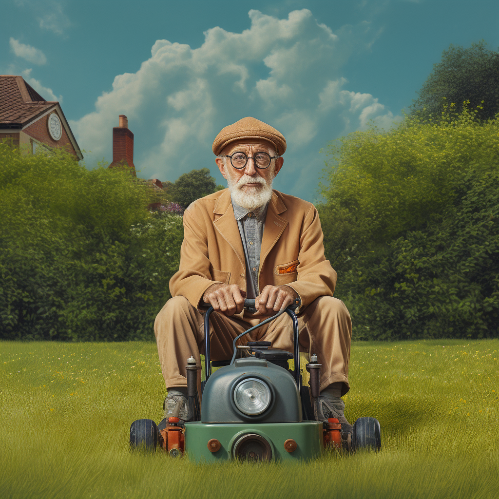 Grumpy old man mowing lawn