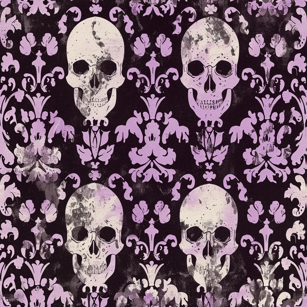 Lavender damask and skull pattern on black background