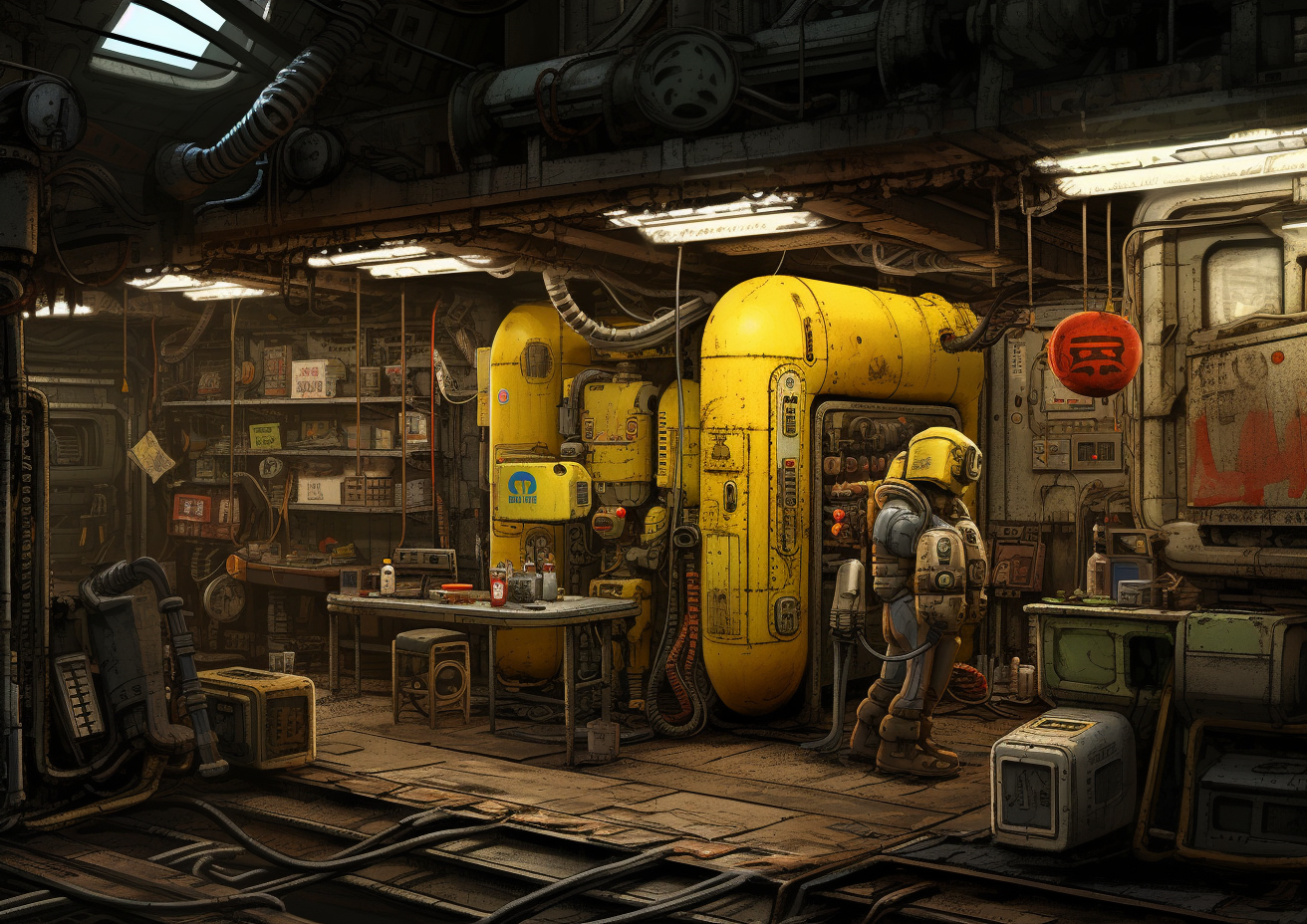 Interior of grungy robot repair station with giant robot