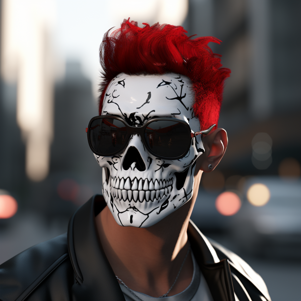 Man with split black and red hair wearing skull half mask