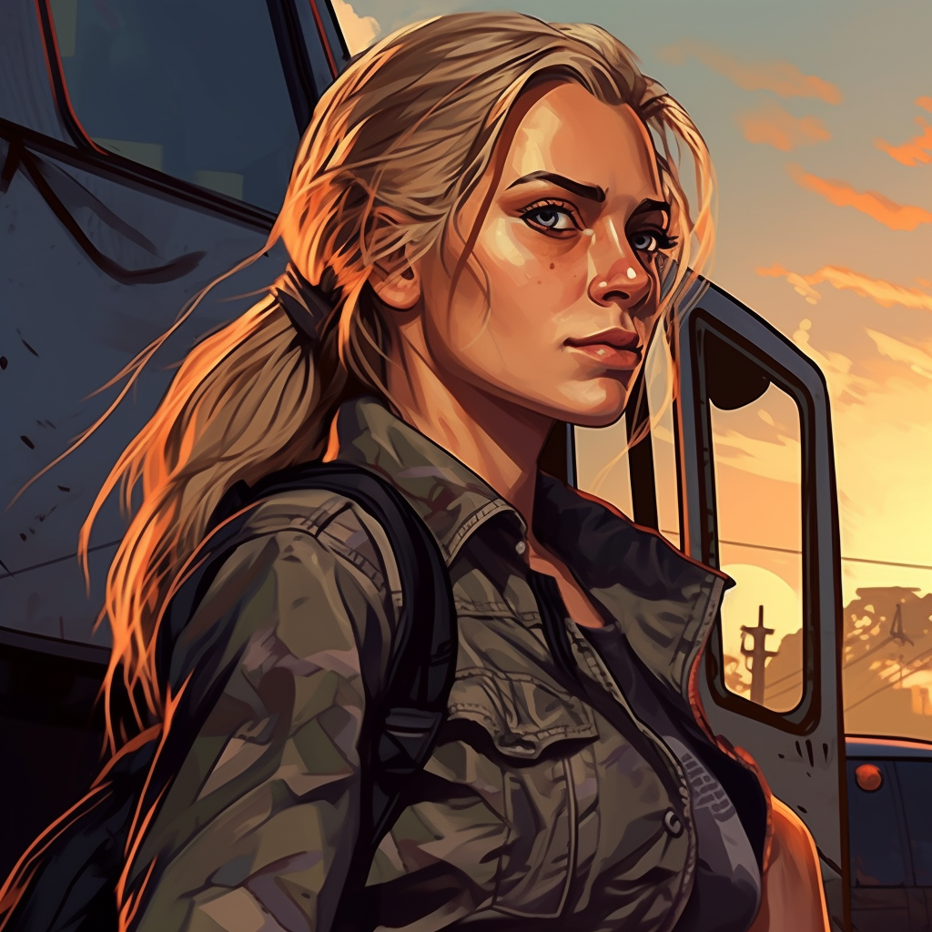 Blond woman with green eyes surviving in post-apo GTA-style world