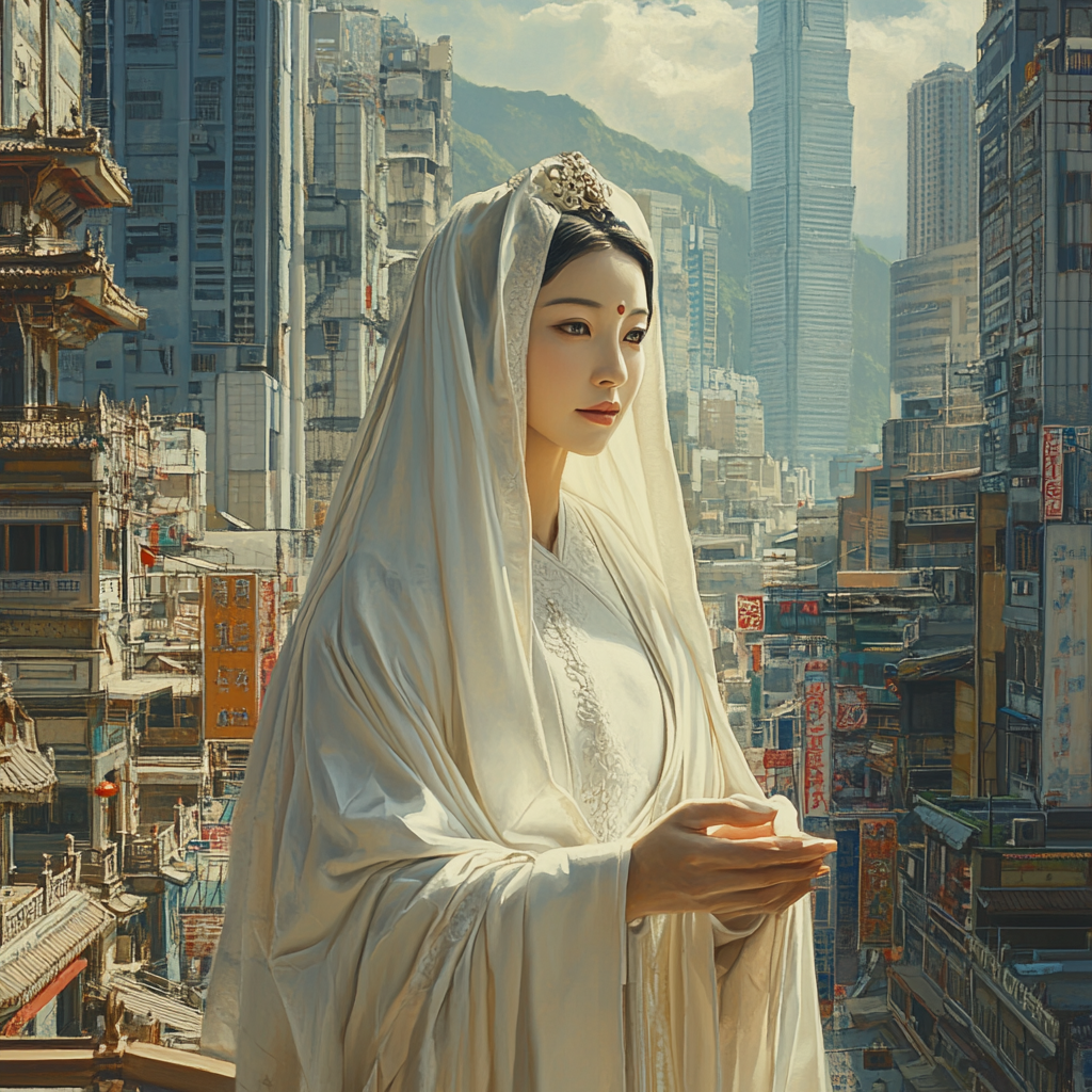 Guanyin compassion bodhisattva modern city portrait