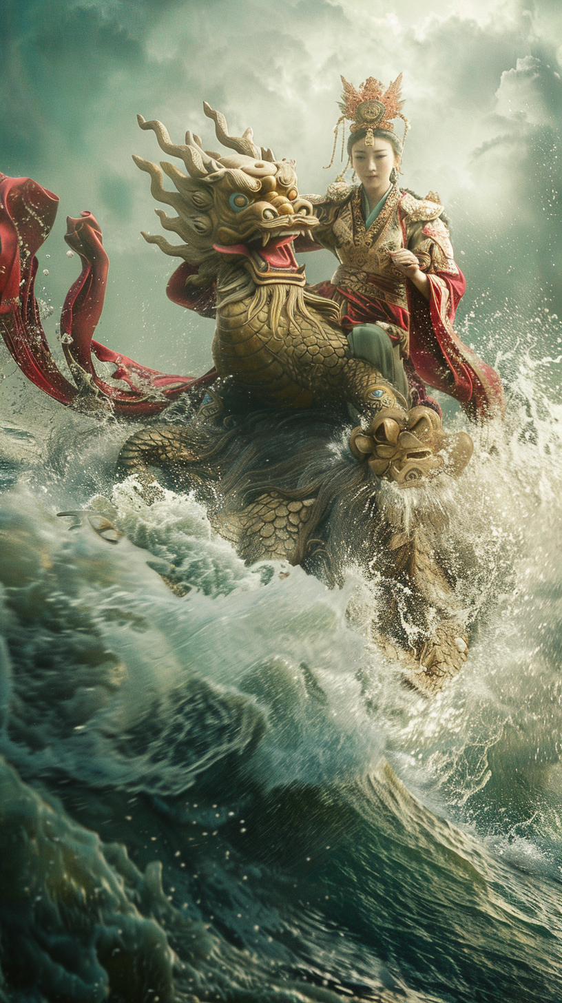 Guanyin riding dragon lion sea