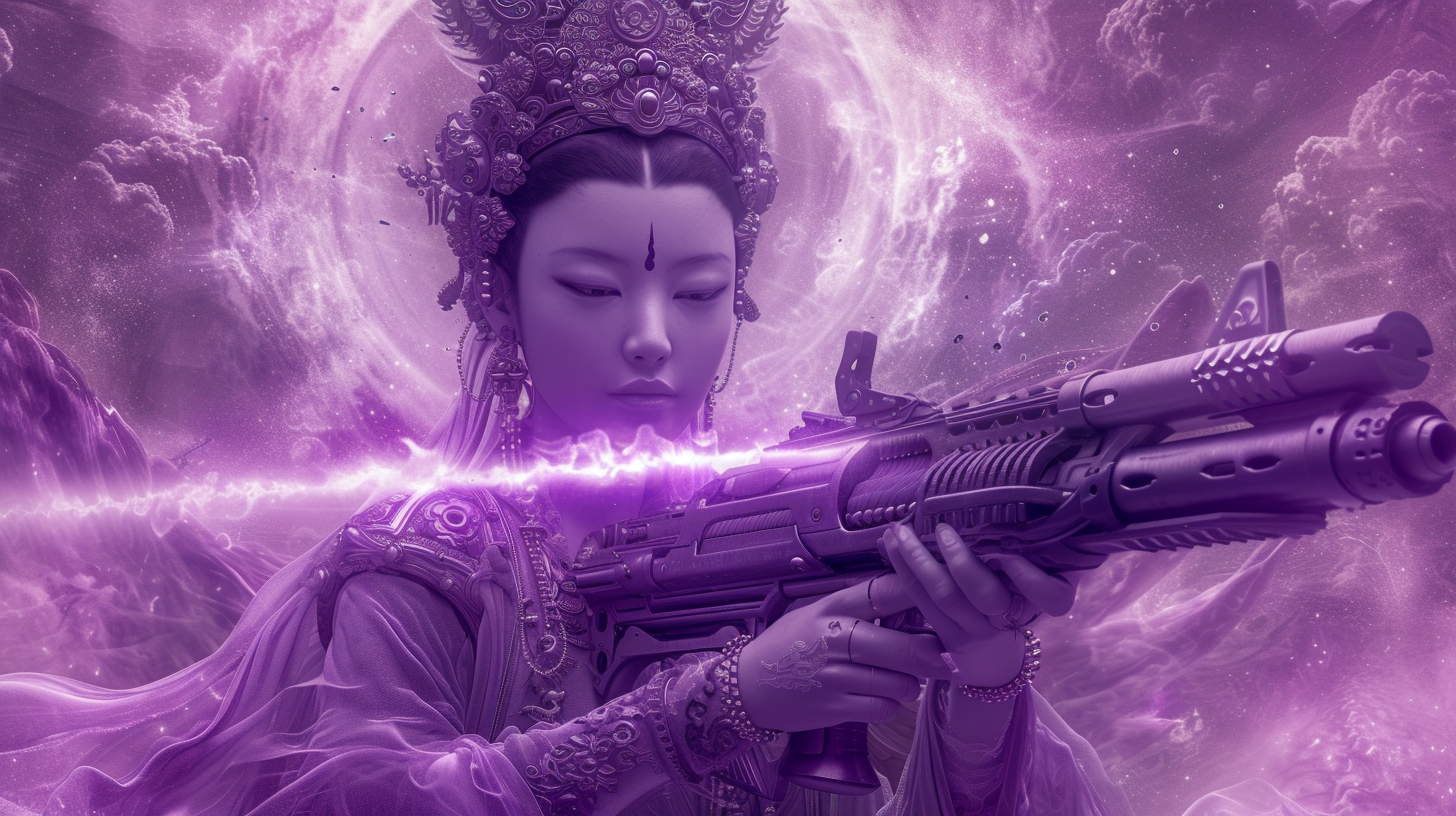 Guanyin holding gatling gun on purple banner