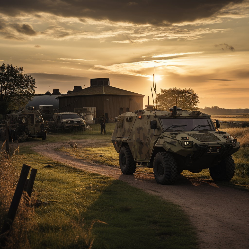 Guarded military compound in English countryside sunset