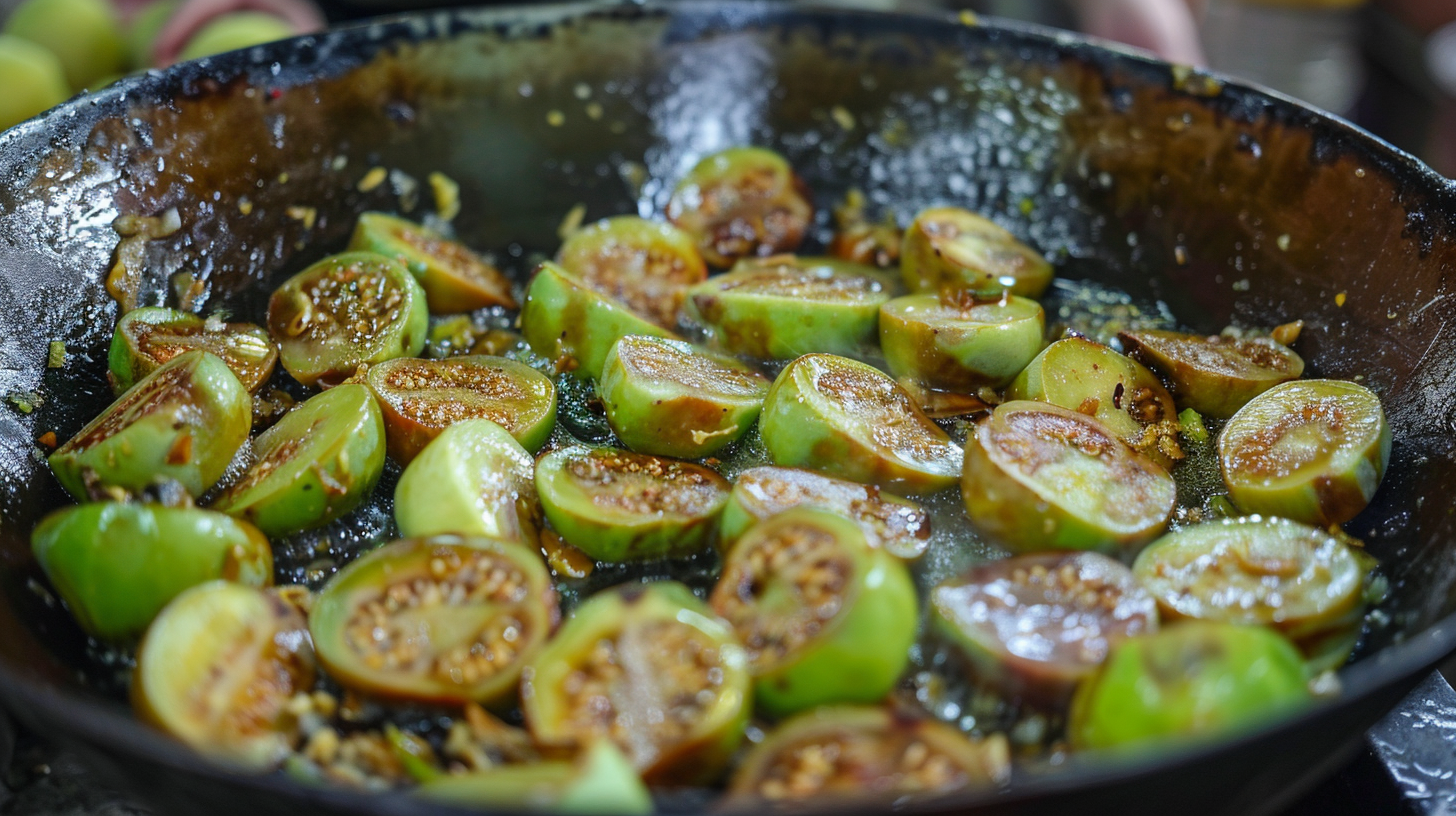 Vibrant fried guava in wok