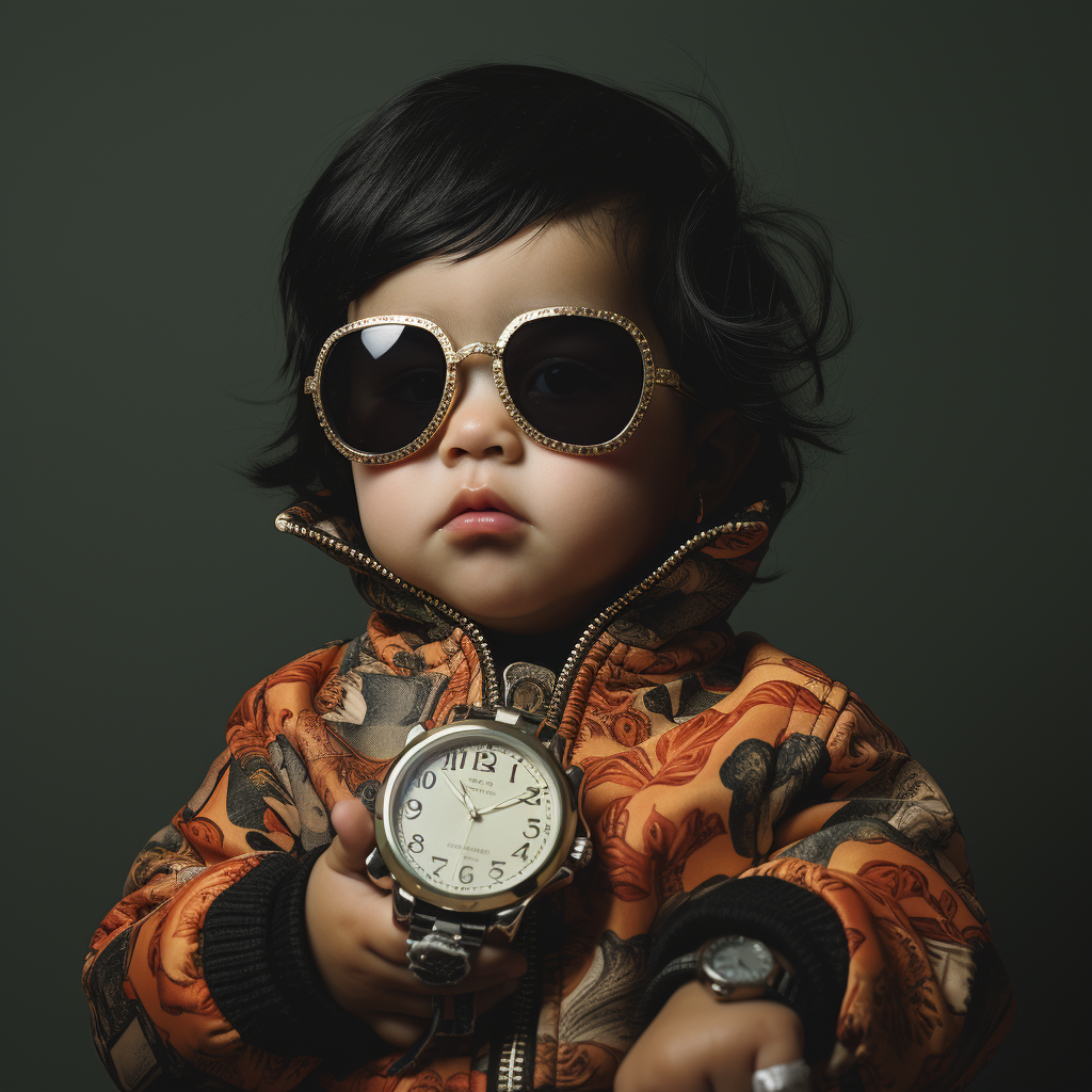 Adorable baby in Gucci jumpsuit with Rolex watch