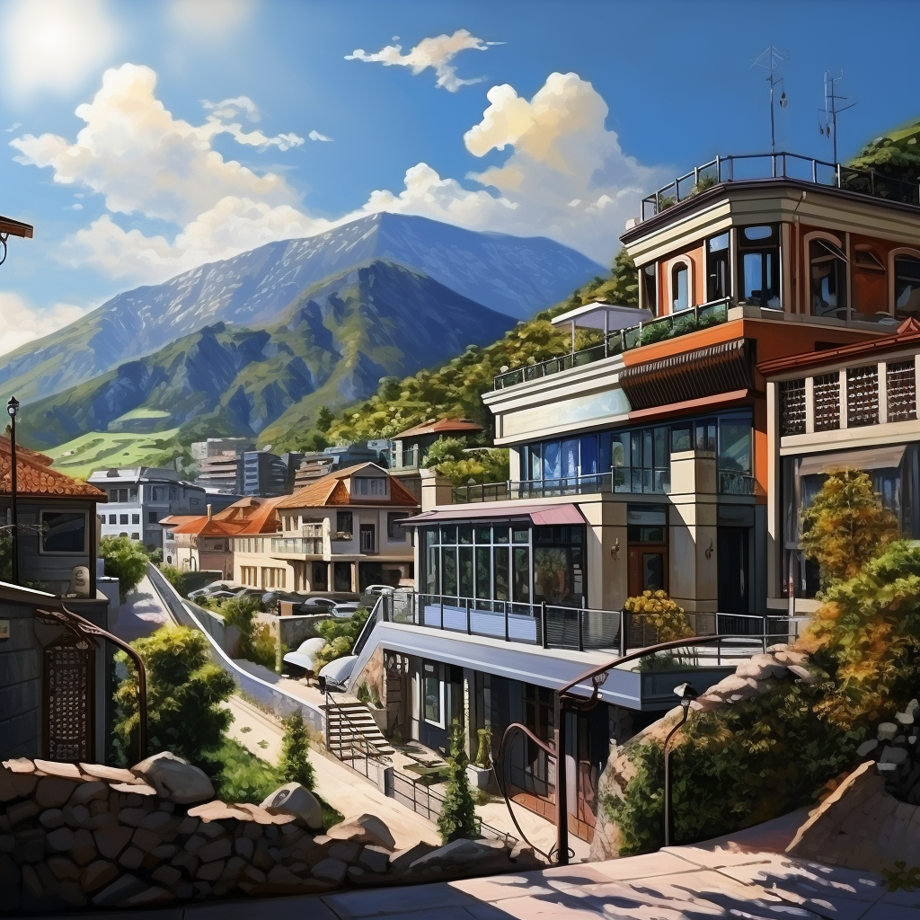 Guesthouse and Bathhouse Building in Mountains with Cityscape