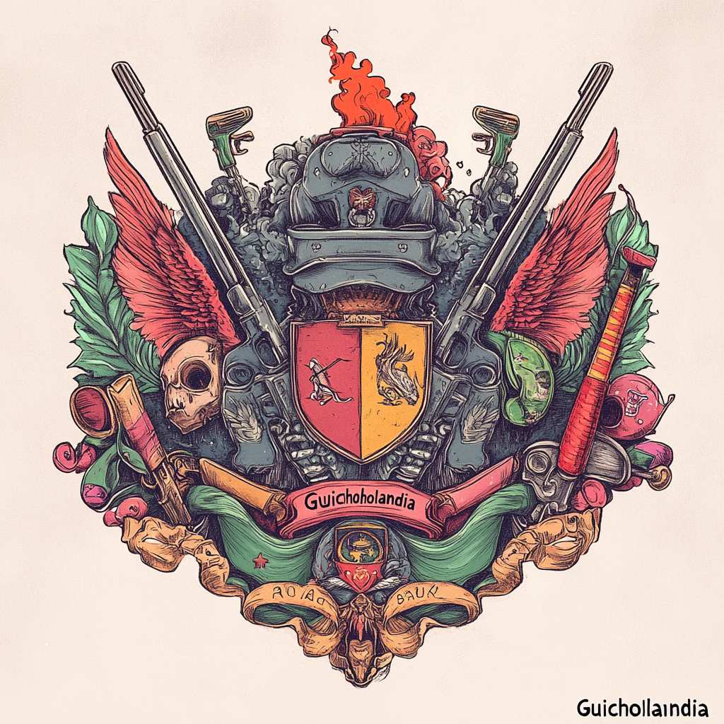 Shield design with cigarros, motorcycles, beers, and gays