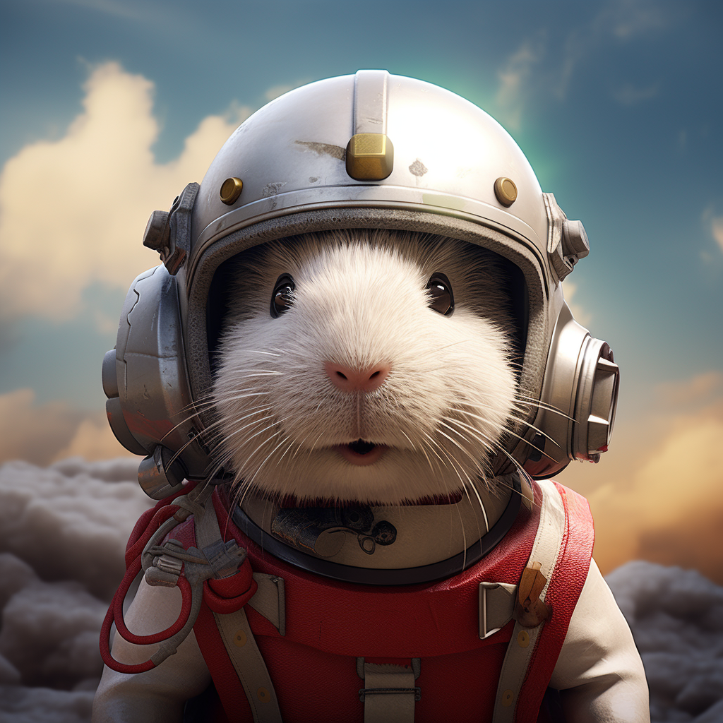 Adorable guinea pig in crash helmet and astronaut suit