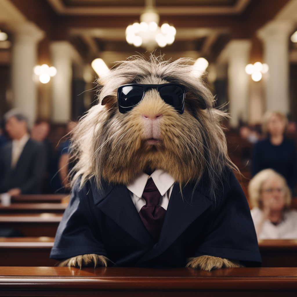 Guinea pig lawyer in court with sunglasses and wig