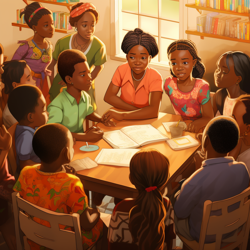 Group of Guinean Children Talking with Teacher