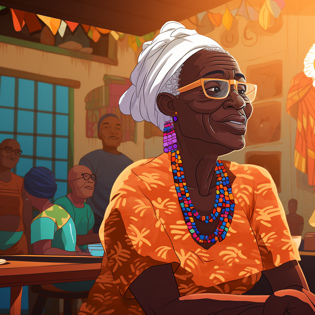 Cartoon of Guinean grandmother at village party