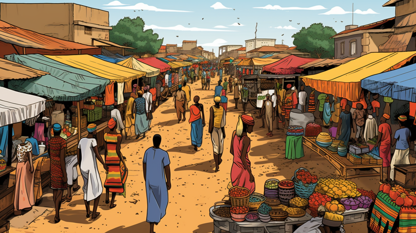 Cartoon-style Guinean market scene