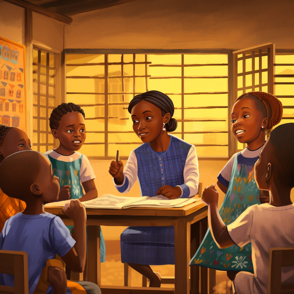 Cartoon of Guinean Children Discussing with Teacher