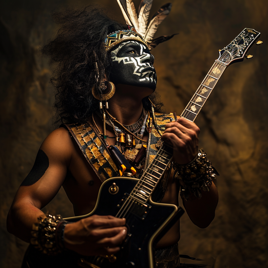 Guitar player in Aztec-inspired Kiss makeup