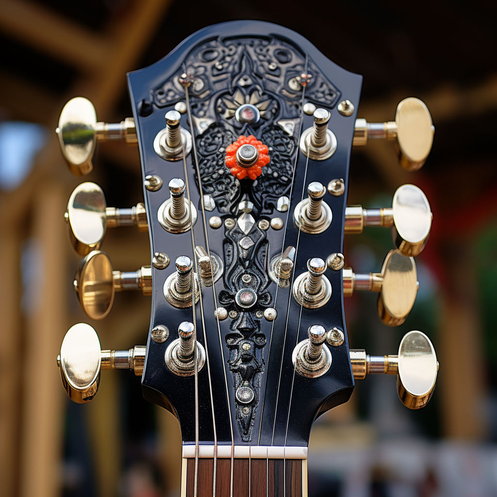 Guitar head with shiny tuning pegs