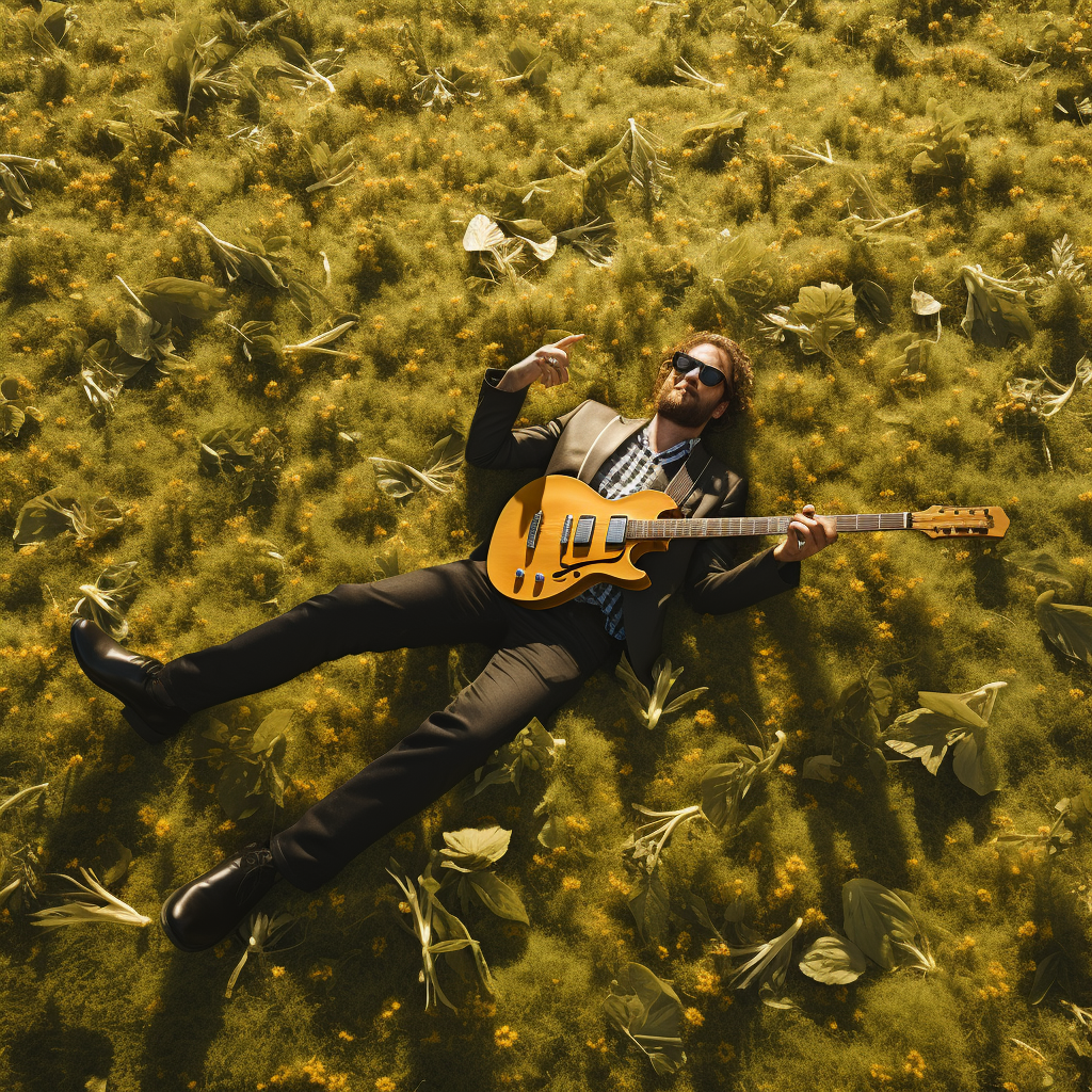 Happy guitarist playing in money field