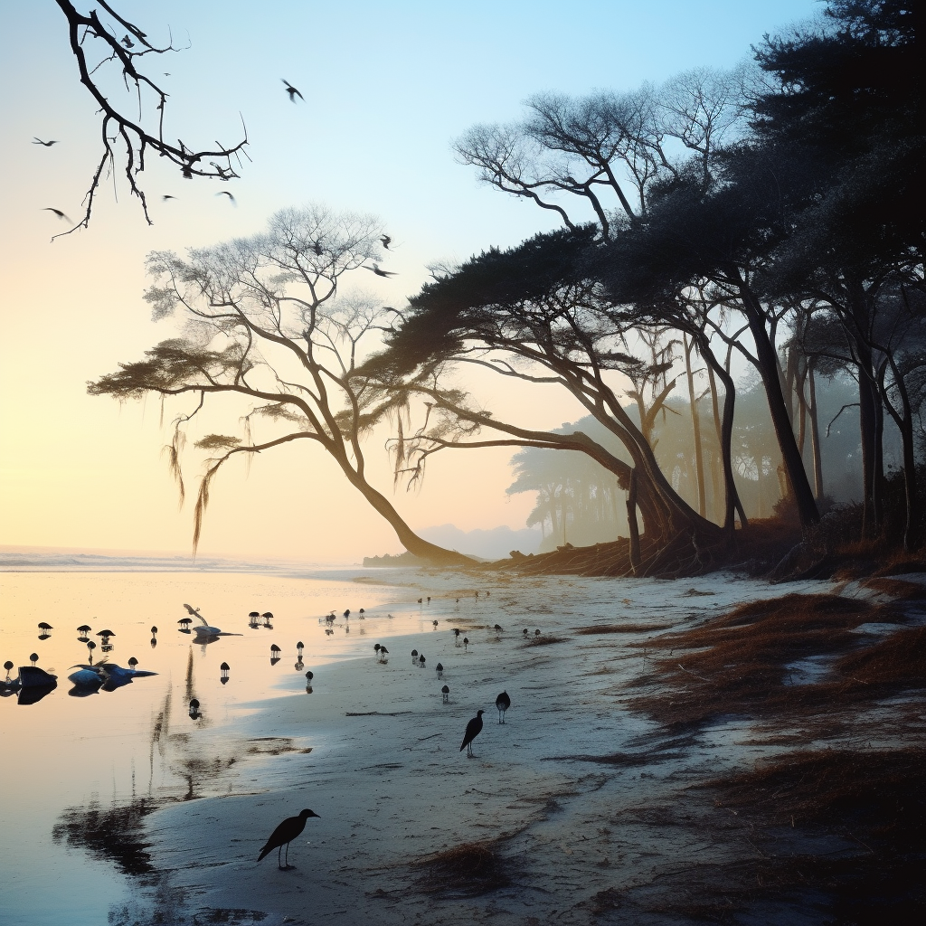 Black and Blue Gulf Beach Oak Trees Seagulls