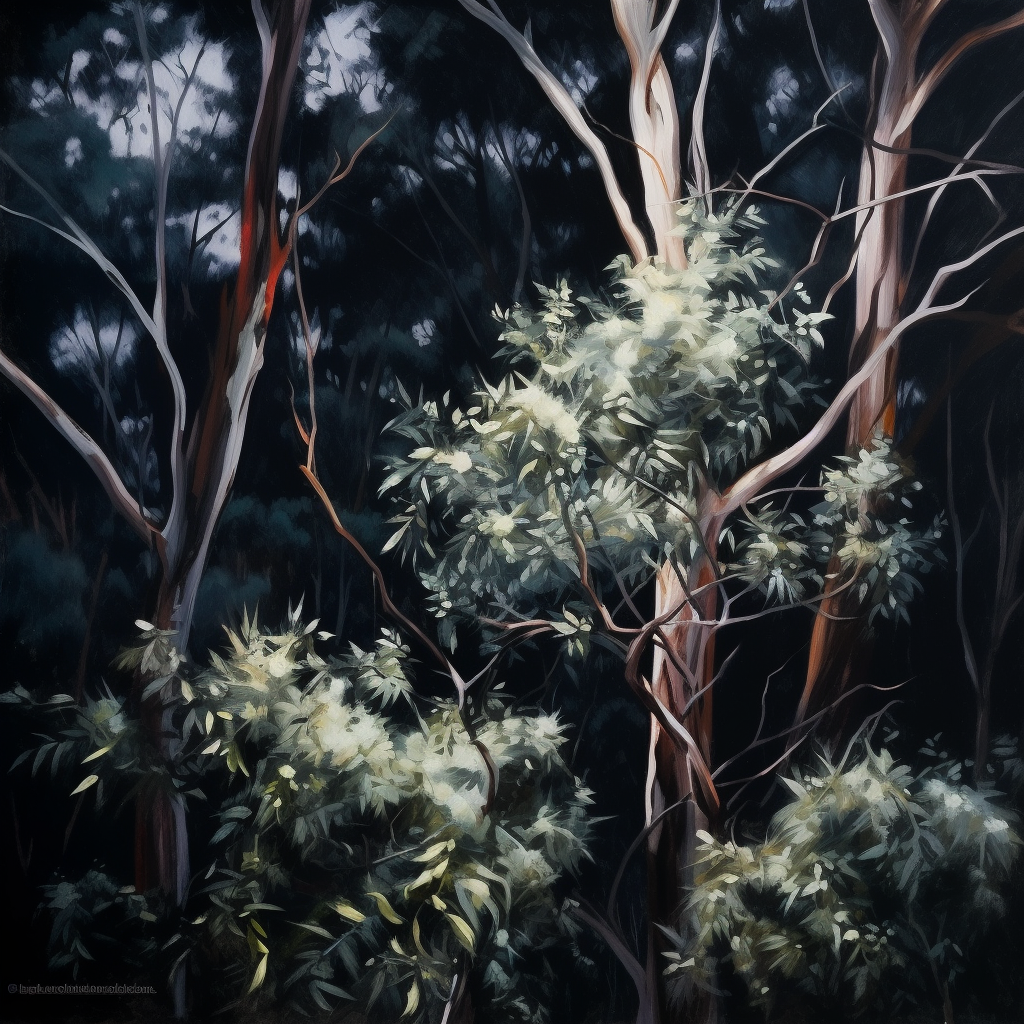 Dark and captivating gum trees at night