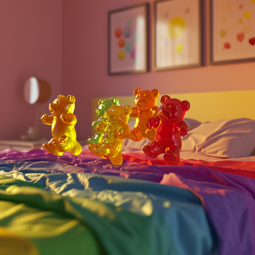 Playful gummy bear family jumping on bed